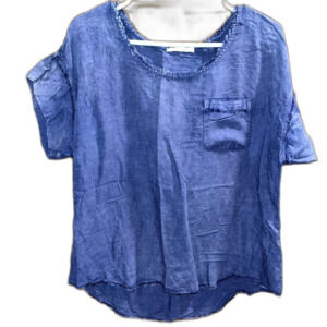 Pure Good size S Linen Rayon Blend Blue Coastal Beach Vacation Minimalist Tshirt